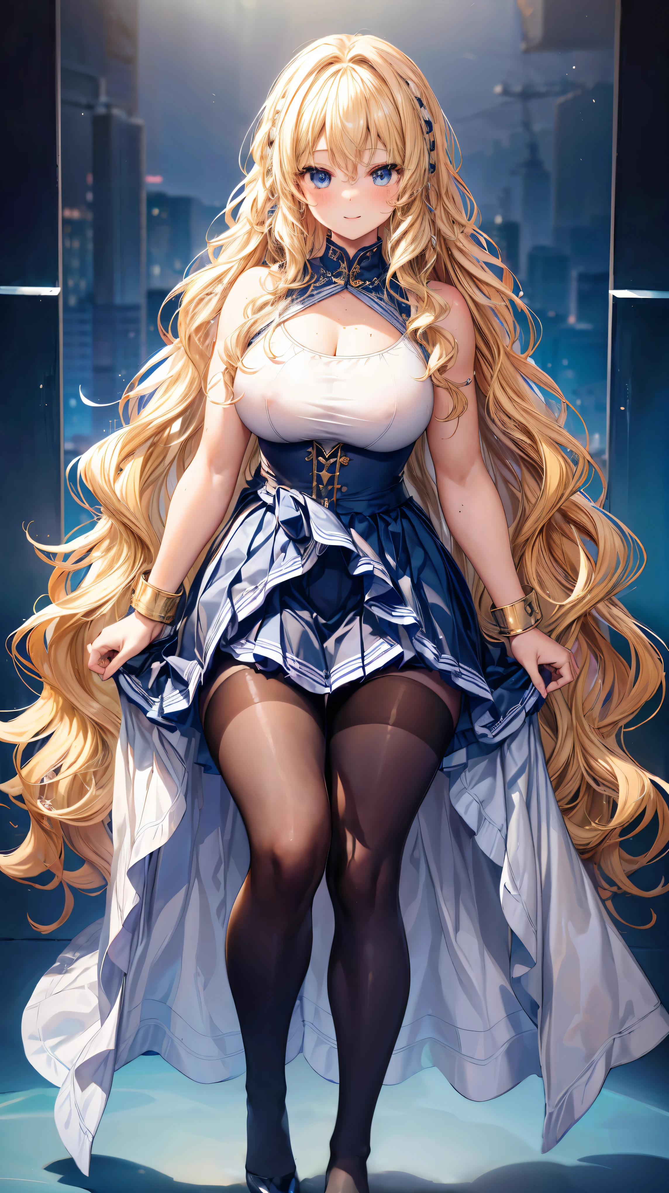 Very detailed、highest quality、Best image quality、masterpiece、8k、Anime Face、A kind smile、Open your mouth、Sparkling blue eyes、(Blonde wavy hair:1.5)、、Muscles of the whole body、Hands on hipini skirt、camisole、Knee-high tights