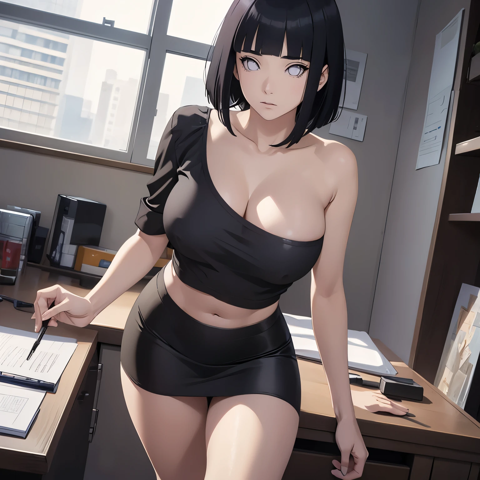 (masterpiece), anime, Best quality, good anatomy, one girl, Hinata Hyuga, (full height), white eyes, Big breasts, realistic face, gloomy face, Looking down, dark hair, short haircut, navel ,bare shoulders, tight black top, decollete, black pencil skirt, tall legs, beautiful legs, office, Reflectors, 8K masterpiece, super detail, film movie, best quality, best ditails, detailed face, detailed eyes, camera from bellow