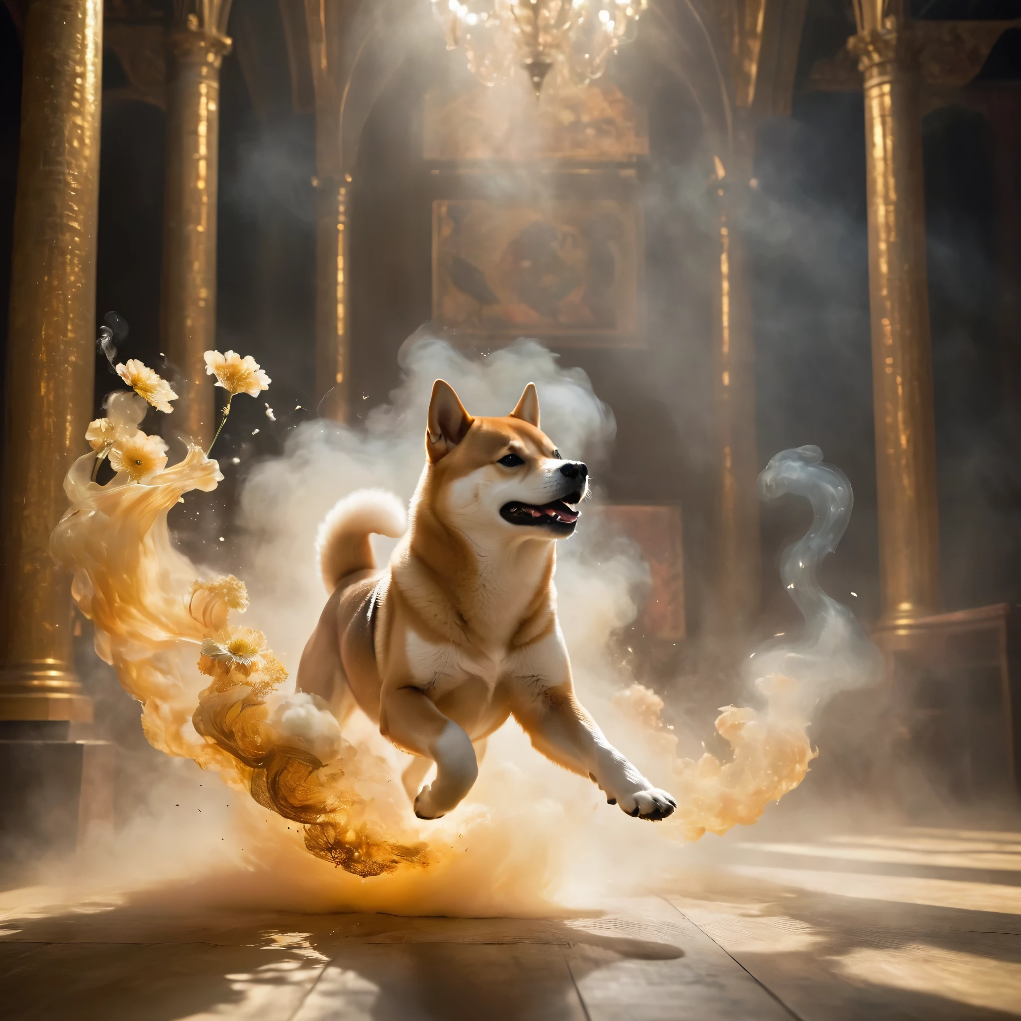 A Shiba Inu，side view，Running in the smoke,  epic ， theatricality and mystique  ，Otherworldly ，Awesome ，Clever use of light and shadow，Adds depth and drama to the scene., Involve the audience in a dark and elegant narrative. This masterpiece, Created by the famous painter Gustav Klimt, Delve deep into the realms of fantasy and mythology, Inviting viewers to explore the complexity of beauty, strength, Anatomically correct，ezh，Fantasy，plant，flower，fear