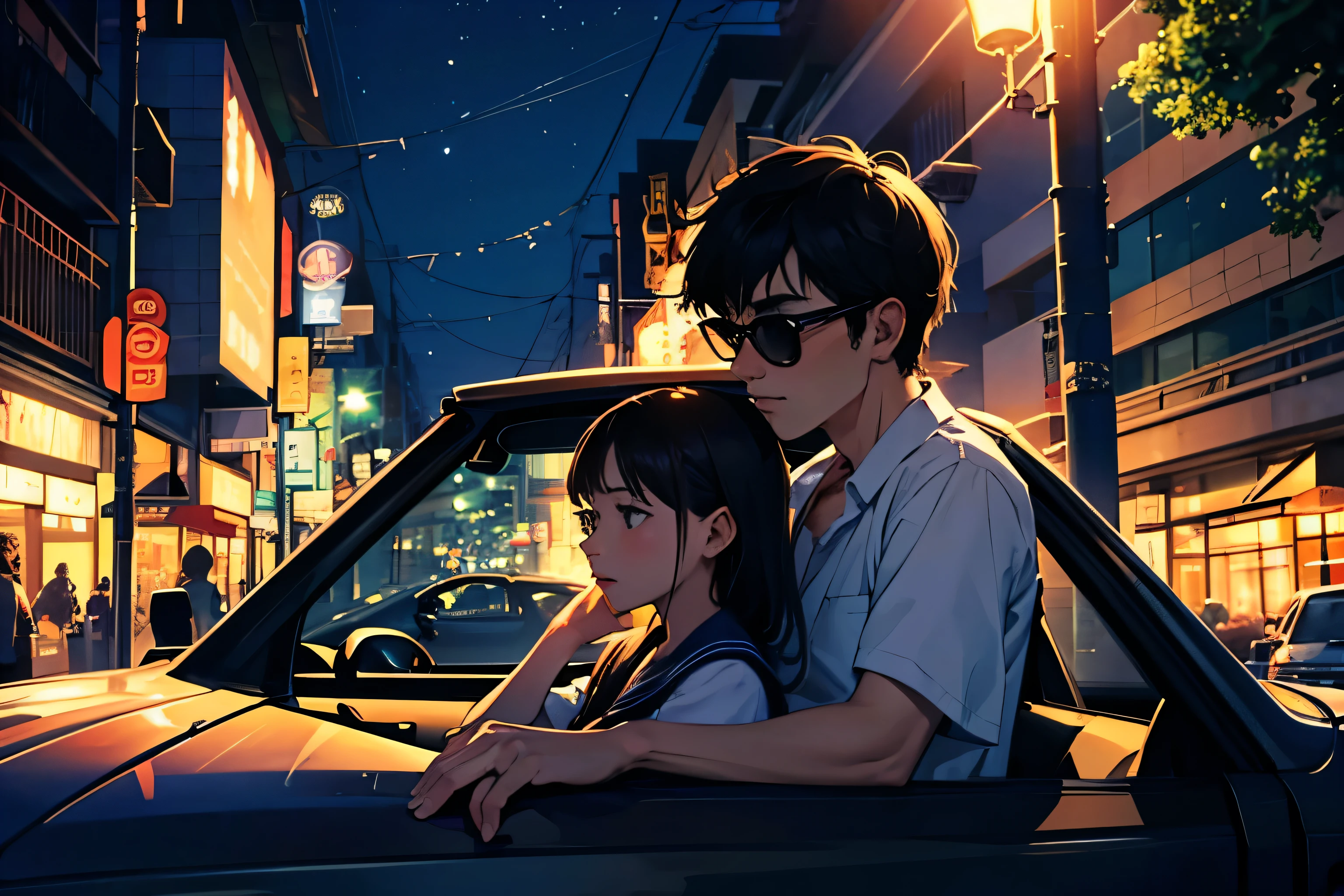 (la nuit),(deux personnes),(fille et jeune homme),(deux personnes dans une voiture), (une voiture étrangère), In a busy downtown area la nuit, pendant que les passants s&#39;affairent, a middle school girl in a sailor uniform is riding in une voiture étrangère driven by a man wearing sunglasses and an Hawaiian shirt, sortant la tête du siège passager et regardant la rue. 