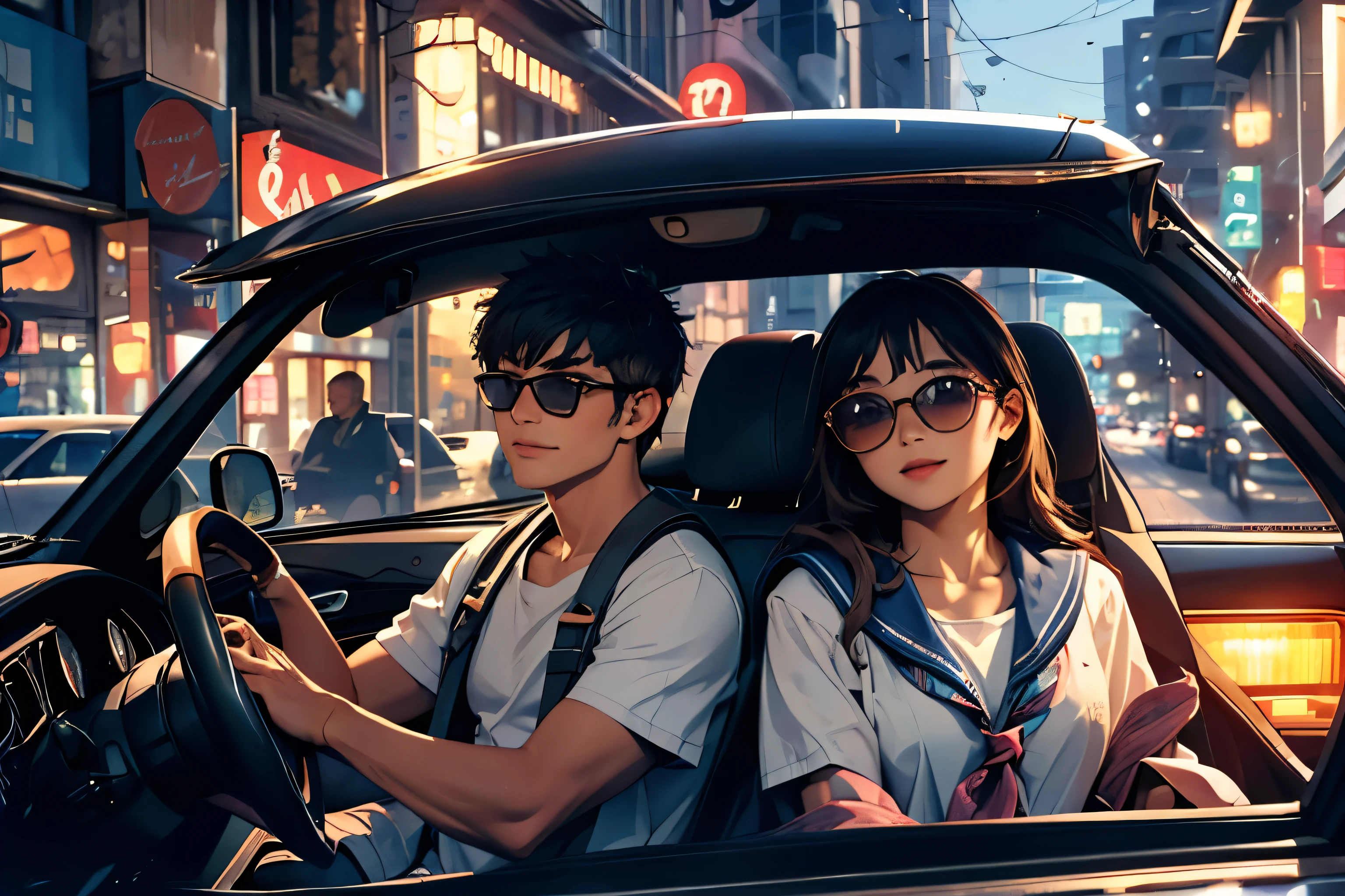 (at night),(Two persons),(girl and youngman),(two people in a car), (a foreign car), In a busy downtown area at night, while passersby are bustling about, a middle school girl in a sailor uniform is riding in a foreign car driven by a man wearing sunglasses and an Hawaiian shirt, sticking her head out of the passenger seat and looking out at the street. 