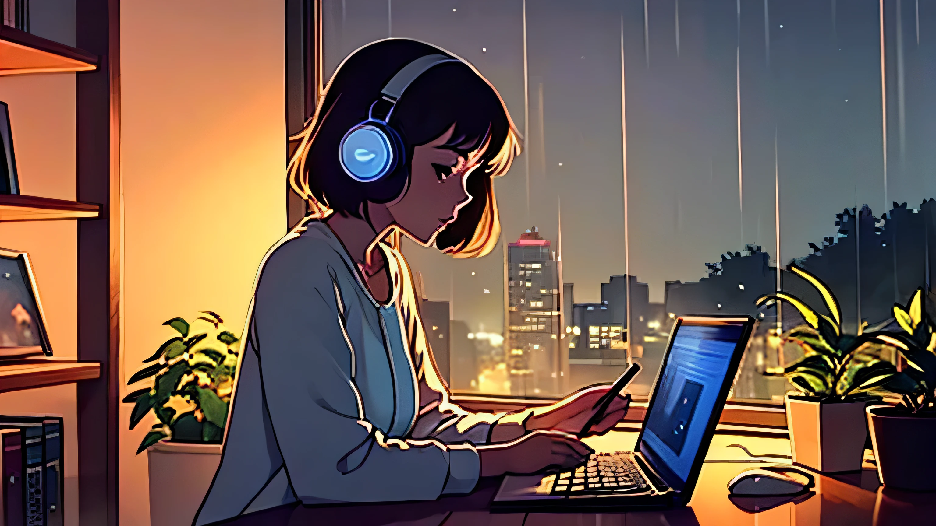 Noche lluviosa. Una chica sentada en su escritorio con papeles a su lado, disfrutando de una hermosa vista nocturna. Escucha música con auriculares mientras escribe en su computadora, con una hermosa vela y muchas plantas en el fondo. Es una hermosa vista nocturna. Lo-fi, lento, suave, moderno. 