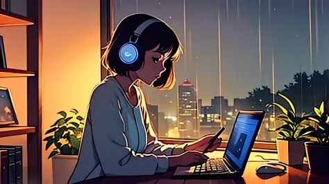 Rainy Night  a girl sitting at her desk with papers besides wth a beautiful night views listening to music with headphones typin...