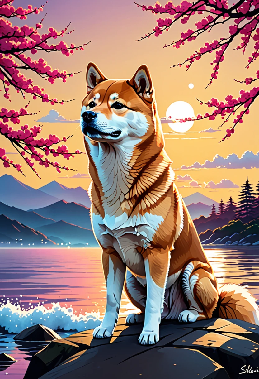 Cute Shiba Inu wearing pink sunglasses by Emmanuel Shiu and Alena Aenami in the style of Lisa Keen, artistic painting, colorful, depth of field