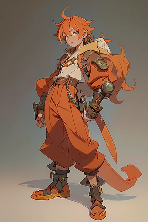 A young man wearing gauntlets、Orange Hair、Long trousers、Steampunk attire、Has a big sword。Single color background、Full body illus...