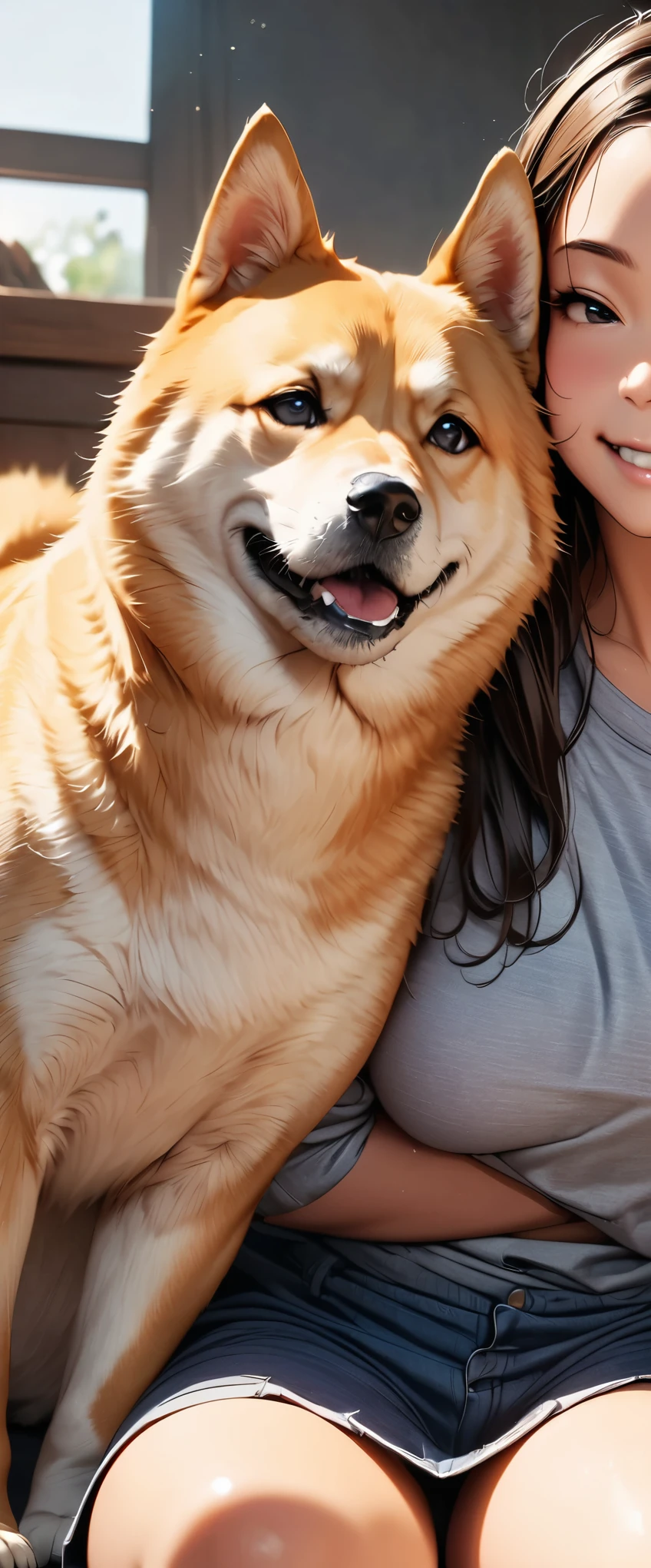 ((Masterpiece, top quality, high resolution)), ((highly detailed CG unified 8K wallpaper)), A Shiba Inu, ((masterpiece, highest quality, Highest image quality, High resolution, photorealistic, Raw photo, 8K)), ((Extremely detailed CG unified 8k wallpaper)), close up photo of a shiba, A woman playing with a Shiba Inu, Cute and sitting,