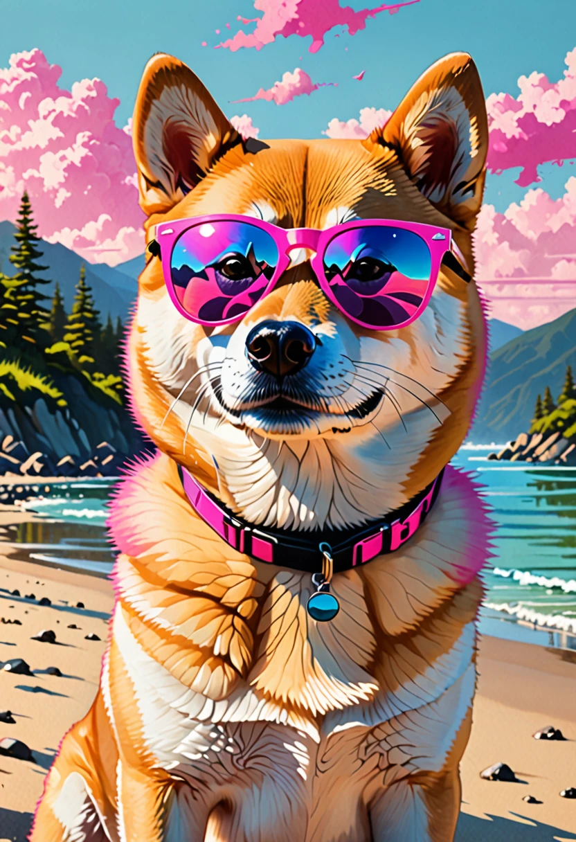 Cute Shiba Inu wearing pink sunglasses by Emmanuel Shiu and Alena Aenami in the style of Lisa Keen, artistic painting, colorful, depth of field