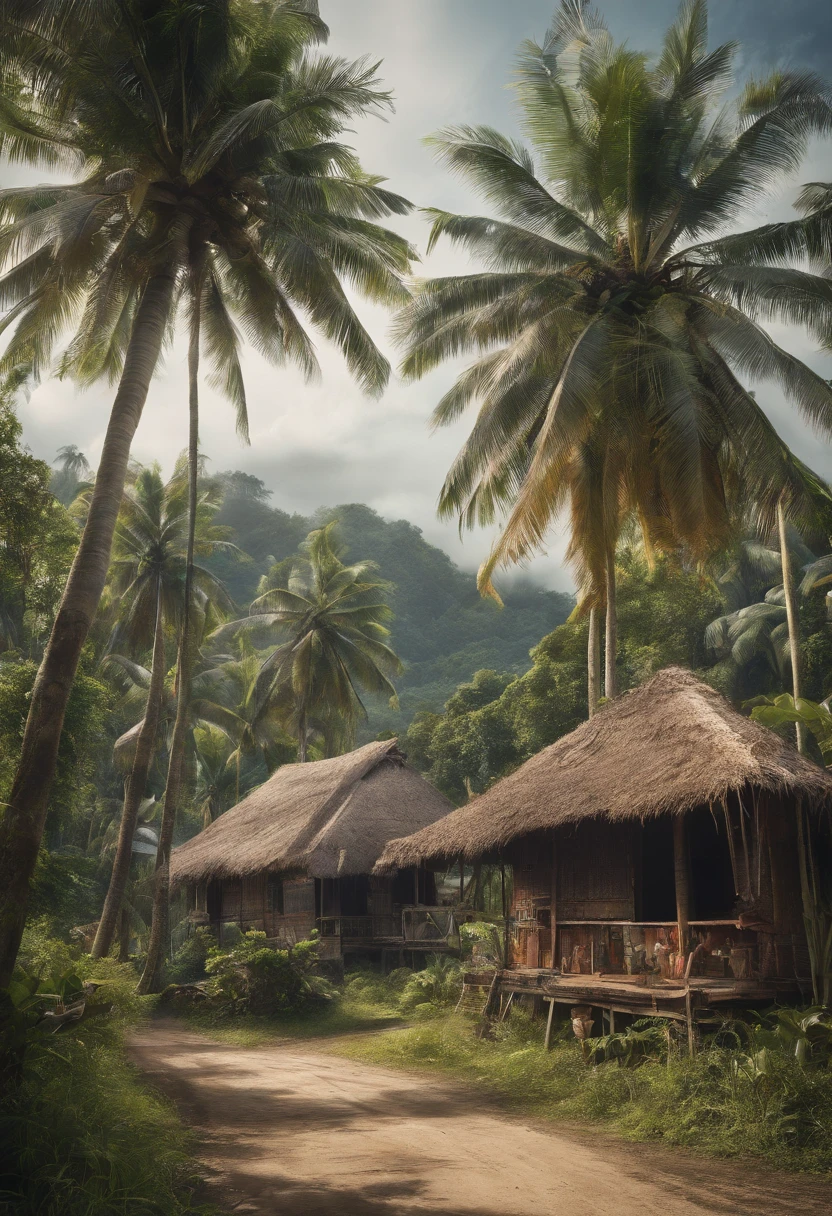 Malay village atmosphere, there are coconut trees, banana trees, boys playing in front of the house,