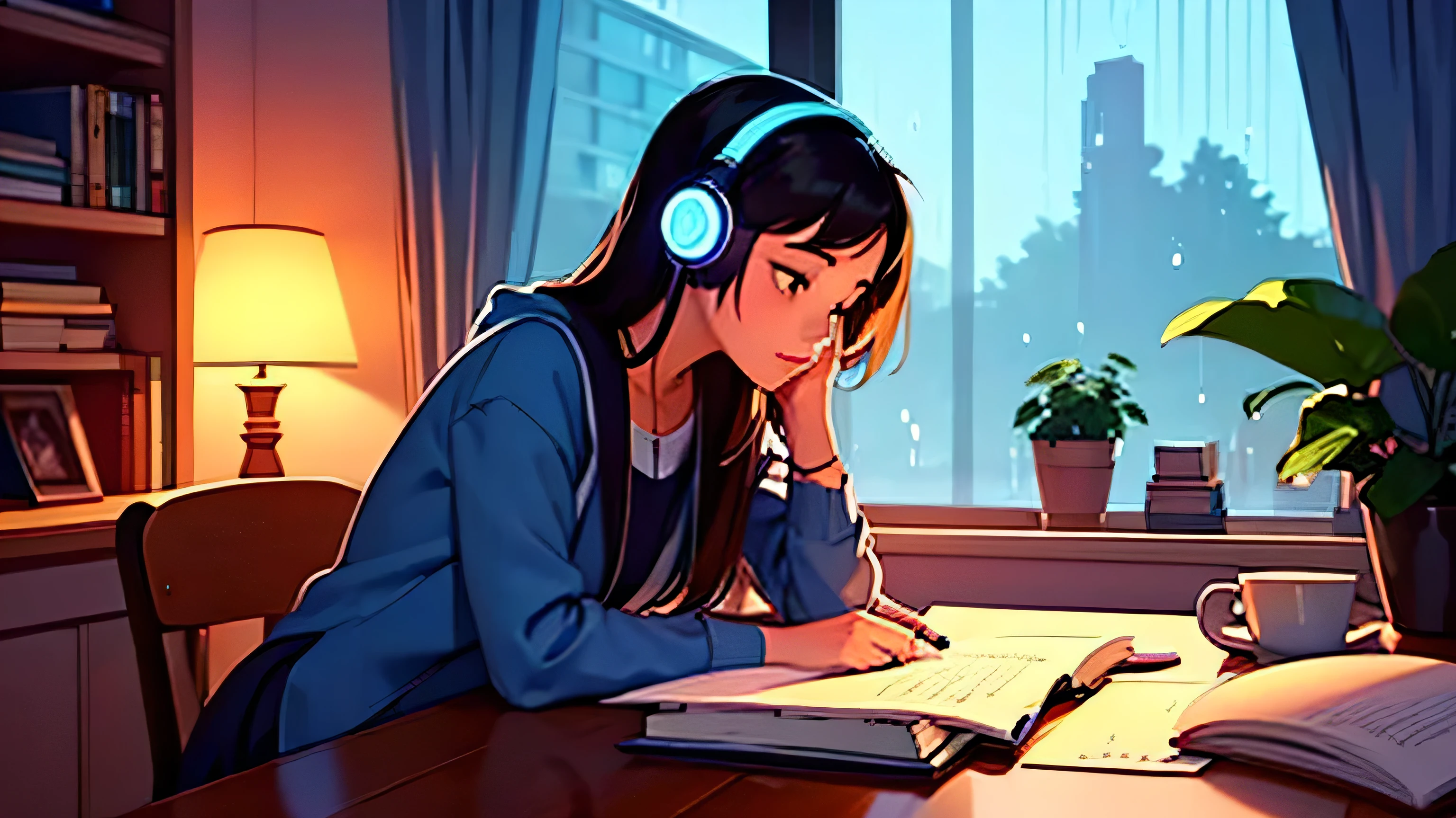 Noche lluviosa una linda chica sentada en su escritorio estudiando con papeles además escuchando música con auriculares y escribiendo su computadora en su escritorio con hermosas velas en su escritorio y plantas al fondo su hermosa vista nocturna Lo-fi 