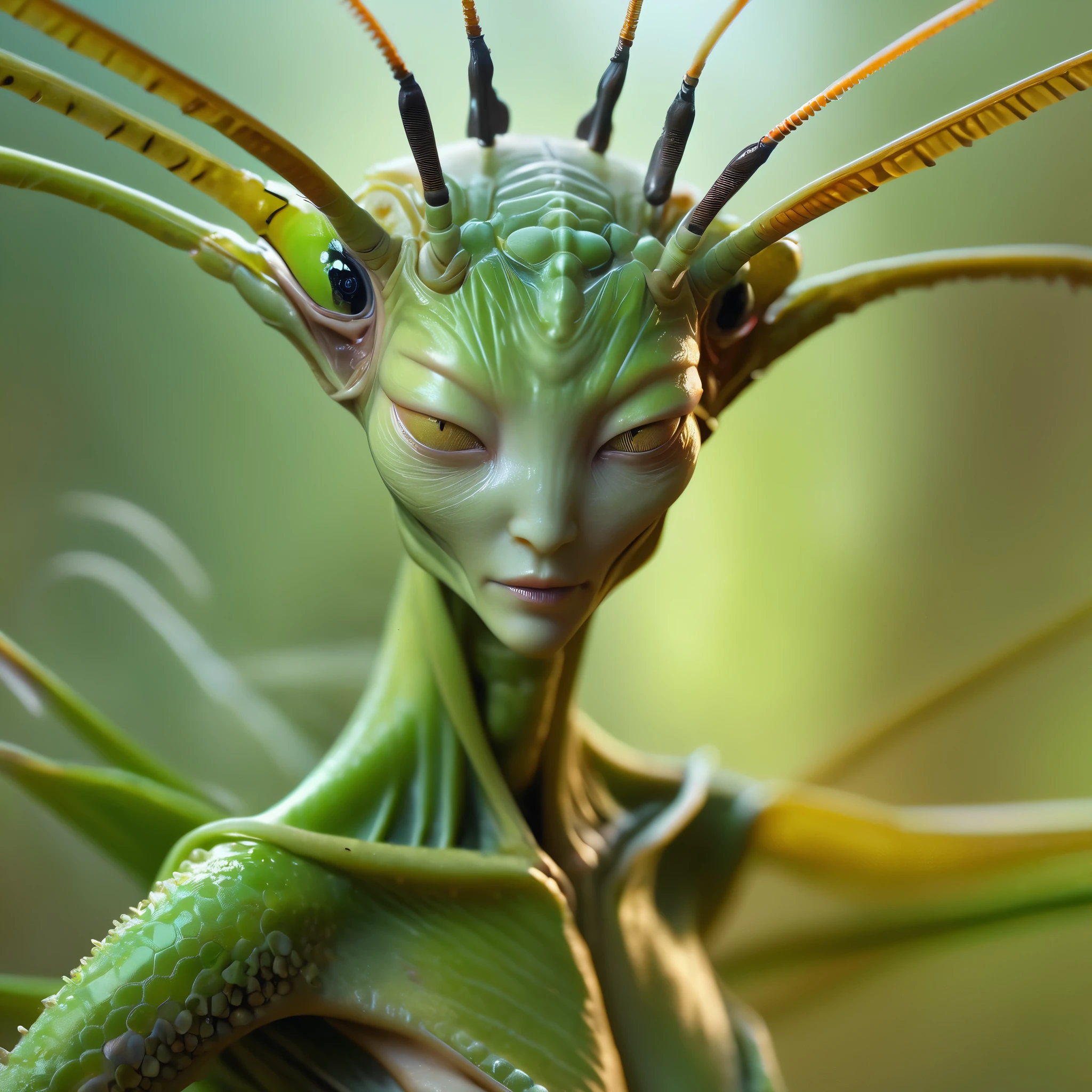 (best quality,4k,8k,highres,masterpiece:1.2),(ultra-detailed,realistic,photorealistic:1.37), At the ruin of the ancient temple, (A hybrid Alien known as the "Manti-Human-Female", a terrifying fusion of a female human and a praying mantis:1.5). She has praying mantis kung fu, sickle-shaped mantis arms, green insect eyes, intricate eye and lip details, martial arts strong and fierce posture, bright colors, dynamic lighting, traditional Chinese martial arts, Practicing fluid movements. Gentle garden background, delicate and powerful blows, determination and concentration, precision and agility, strength and grace A harmonious blend of martial arts training in nature, her flowing hair enhances the sense of movement , enhances calmness of mind. In the intensity, the monster's gaze towards the enemy, the kung fu of the praying mantis. Her body is full of grace, strength, energy and power. (motion blur:1.2)(A golden-colored aura is rising from her body). (no eyes, no nose, strange monster, mutant, grotesqu face, ugly face, mantis-like face:1.6), (fiece alien:1.4)