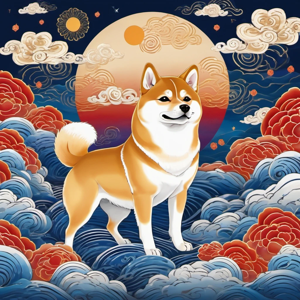 敦煌藝術風格插畫,祥雲環繞的九色柴犬，華麗的 ,（柴犬閃耀星辰：1.36） 站在荷花池里 ,極為細膩的筆觸, 柔軟光滑, 中國紅和靛藍, 金色背景