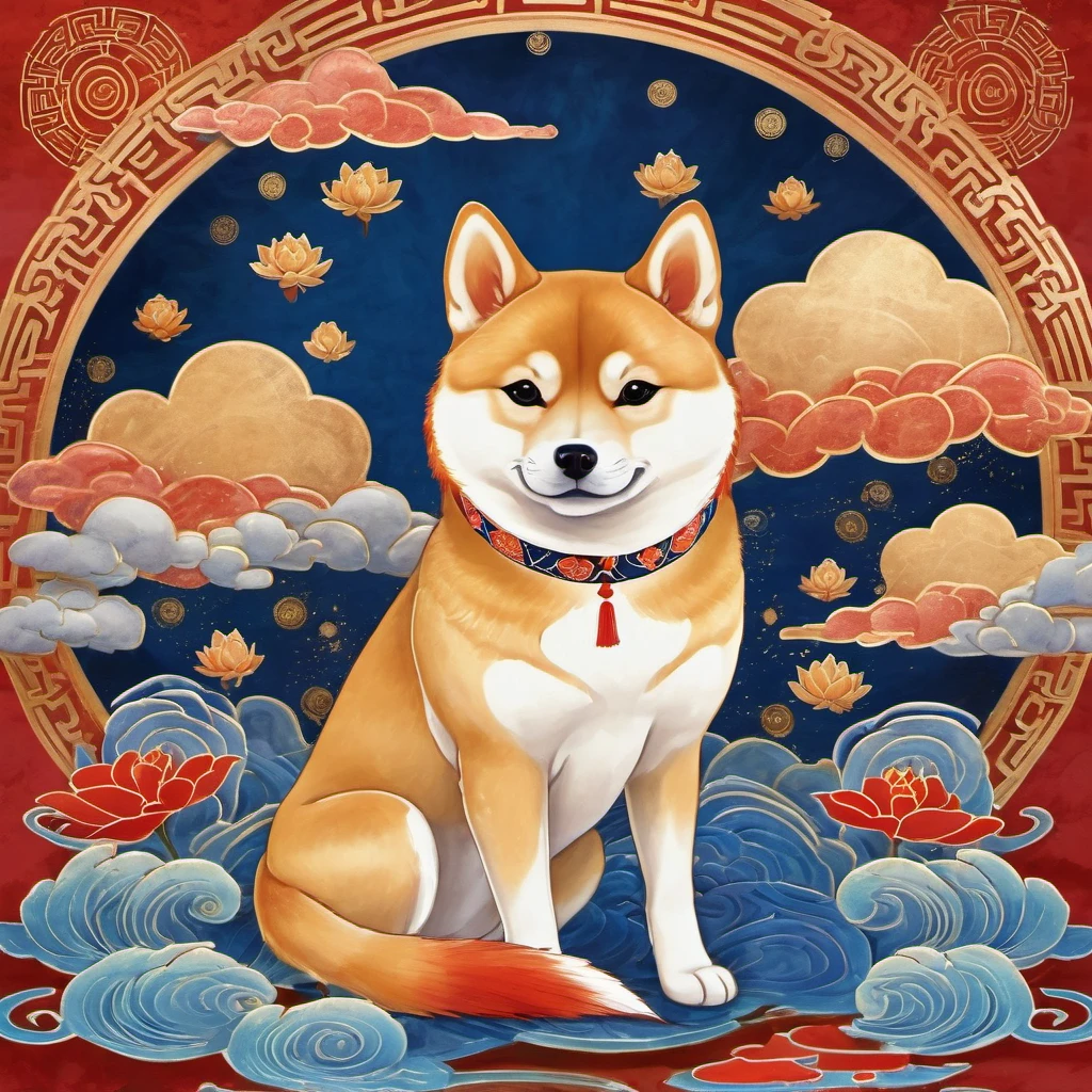 Dunhuang art style illustration,Nine-colored Shiba Inu surrounded by auspicious clouds，Magnificent ,（Shiba Inu shines with stars：1.36） Stand in a lotus pond ,extremely delicate brushstrokes, Soft and smooth, Chinese Red and Indigo, Golden background