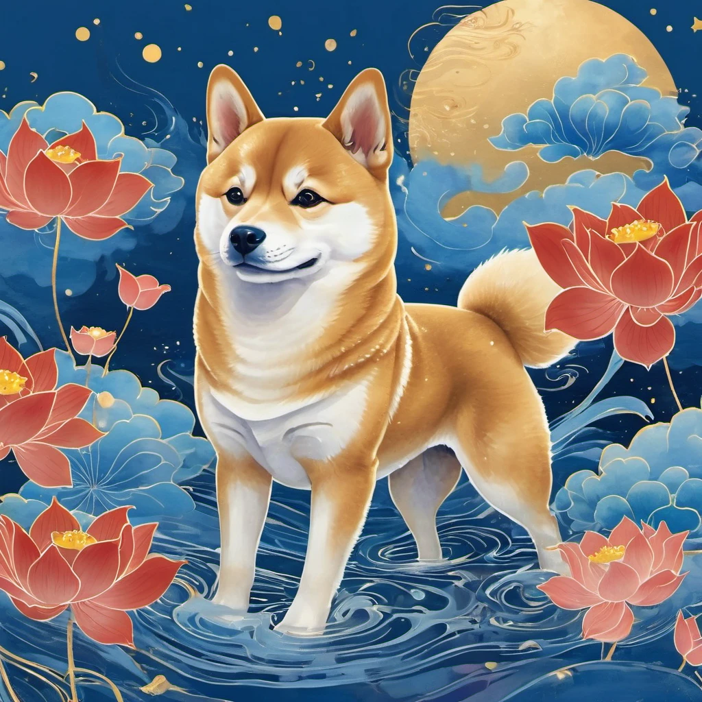 Dunhuang art style illustration,Nine-colored Shiba Inu surrounded by auspicious clouds，Magnificent ,（Shiba Inu shines with stars：1.36） Stand in a lotus pond ,extremely delicate brushstrokes, Soft and smooth, Chinese Red and Indigo, Golden background