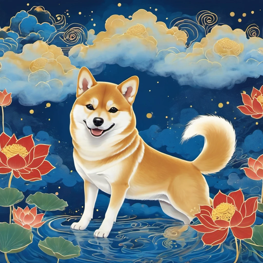 Dunhuang art style illustration,Nine-colored Shiba Inu surrounded by auspicious clouds，Magnificent ,（Shiba Inu shines with stars：1.36） Stand in a lotus pond ,extremely delicate brushstrokes, Soft and smooth, Chinese Red and Indigo, Golden background