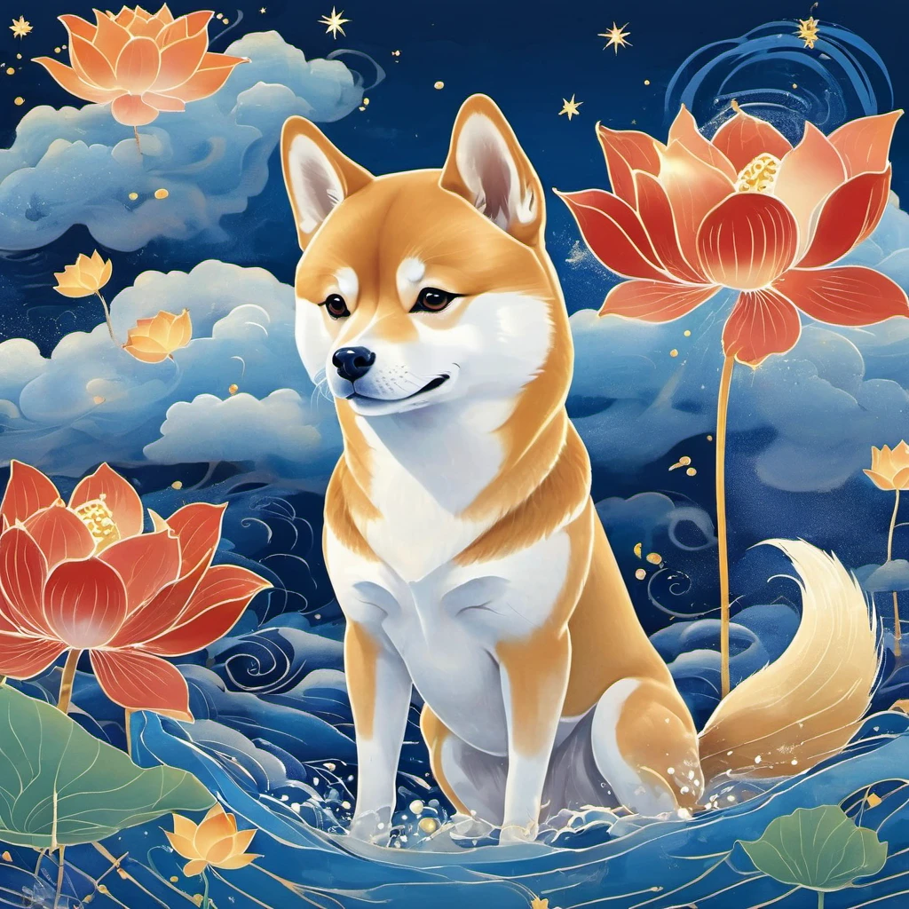 Dunhuang art style illustration,Nine-colored Shiba Inu surrounded by auspicious clouds，Magnificent ,（Shiba Inu shines with stars：1.36） Stand in a lotus pond ,extremely delicate brushstrokes, Soft and smooth, Chinese Red and Indigo, Golden background