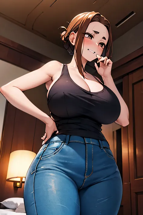(masterpiece, highest quality:1.2), alone, One girl, ogawa sumireko, ((Brown eyes,Beautiful eyes)), Put your hair up,((Tank top,Detailed sweater, Jeans pants)),Bra visible under clothes, Thick body,Long sleeve,bedroom,Dimly lit room,(Breasts pressed togeth...