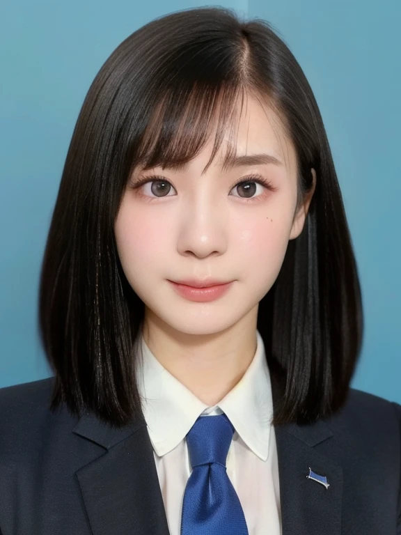 (kawaii 24 year-old Japanese girl, Nogizaka idol, Korean idol), (glossy black hair, short bob cut, aligned and symmetric hair design:1.3), (pure black eyes, rounded face, single eyelid, no makeup, serious expression:1.2), (wearing suit jacket, collared shirt, necktie:1.3), (extra small breasts:0.9), (facing straight at camera:1.2), BREAK, (simple blue background, yearbook background:1.3), (portrait, id photo, upper body shot, view from straight forward:1.3), (keep enough top margin to avoid head cropping:1.3), BREAK, (masterpiece, best quality, photo realistic, official art:1.4), (UHD, 8K quality wallpaper, high resolution, raw photo, golden ratio:1.3), (shiny skin), professional lighting, physically based rendering, award winning, (highly detailed skin, extremely detailed face and eyes), Carl Zeiss 85 mm F/1.4, depth of field, 1girl, solo,