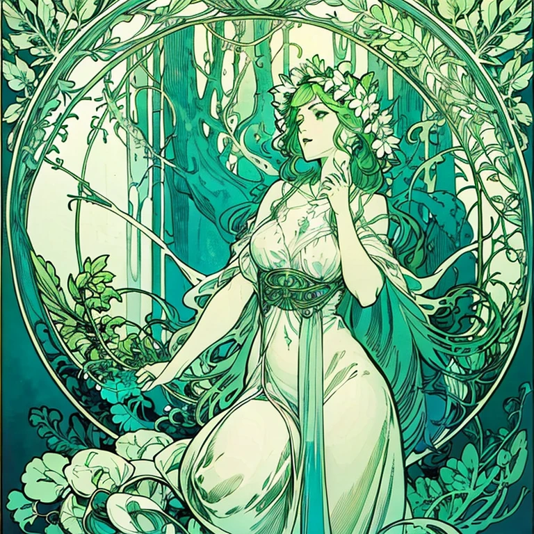 All pure white、A fantastical green and white world、Foliage plant、A beautiful woman lost in a land of plants、Surrounded by a forest of fantastic plants、Beautiful woman is an adventurer、Only the eyes are green