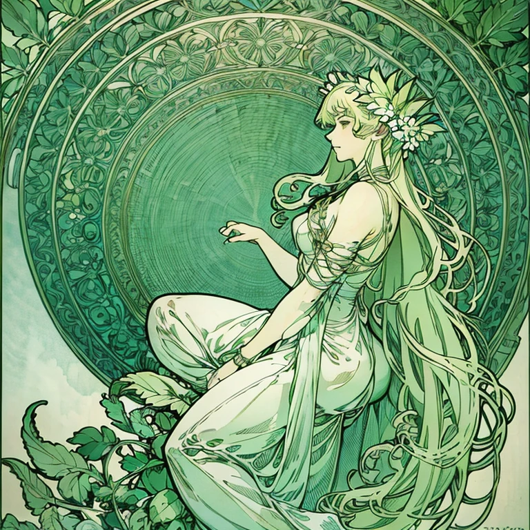 All pure white、A fantastical green and white world、Foliage plant、A beautiful woman lost in a land of plants、Surrounded by a forest of fantastic plants、Beautiful woman is an adventurer、Only the eyes are green