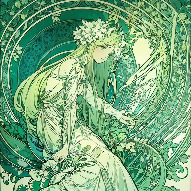 All pure white、A fantastical green and white world、Foliage plant、A beautiful woman lost in a land of plants、Surrounded by a forest of fantastic plants、Beautiful woman is an adventurer、Only the eyes are green