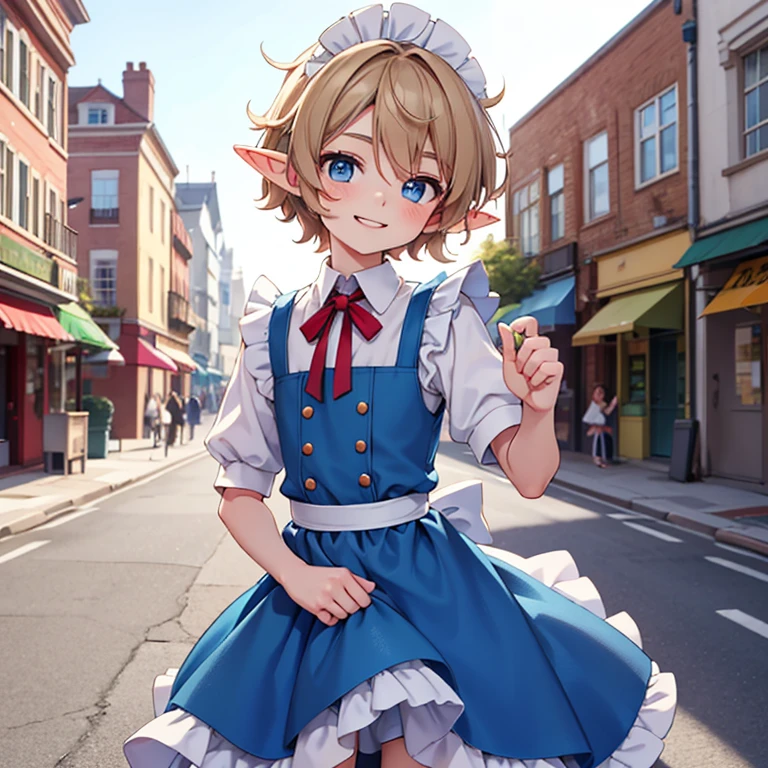 Hermoso, alta calidad, un niño elfo, cuerpo de jovencito, blue eyes, cara linda, Pelo despeinado, mirando a la camara, sonriente, con un vestido de sirvienta, pararse en medio de la calle