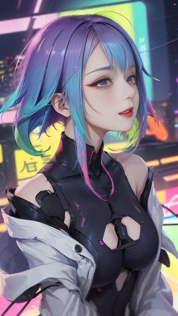 (masterpiece, best quality:1.3), Lucy, 1 girl, (colorful hair:1.4), Lucy (cyberpunk), cyberpunk,( bare shoulders:0.8), (Smile:0.6), looking at the audience, focus only, Bangs, red lips, , red eyeliner, elder sister, Colorful head profile:0.6),