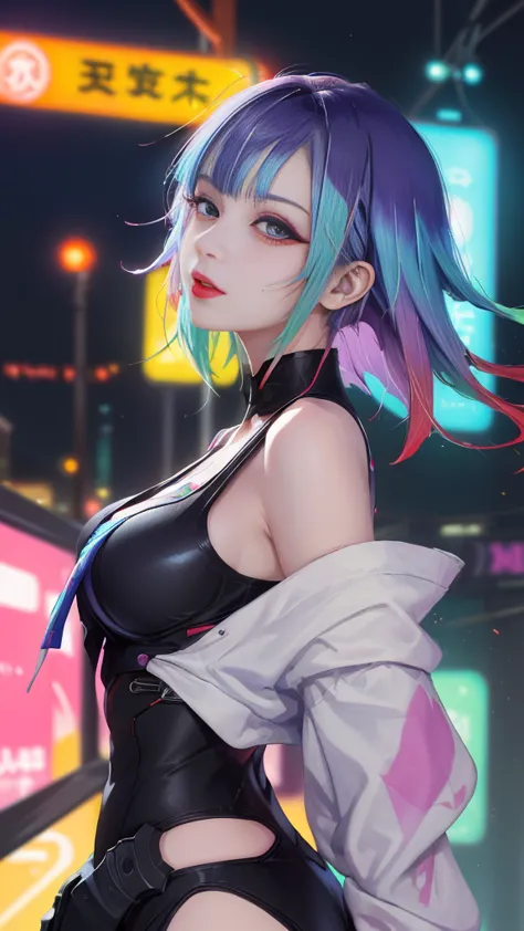 (masterpiece, best quality:1.3), Lucy, 1 girl, (colorful hair:1.4), Lucy (cyberpunk), cyberpunk,( bare shoulders:0.8), (Smile:0....