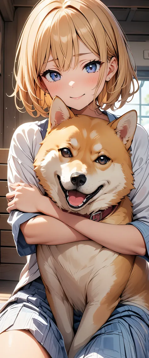 ((Masterpiece, top quality, high resolution)), ((highly detailed CG unified 8K wallpaper)),  close up photo of a shiba, Relaxing on a woman's leg, Cute and sitting,