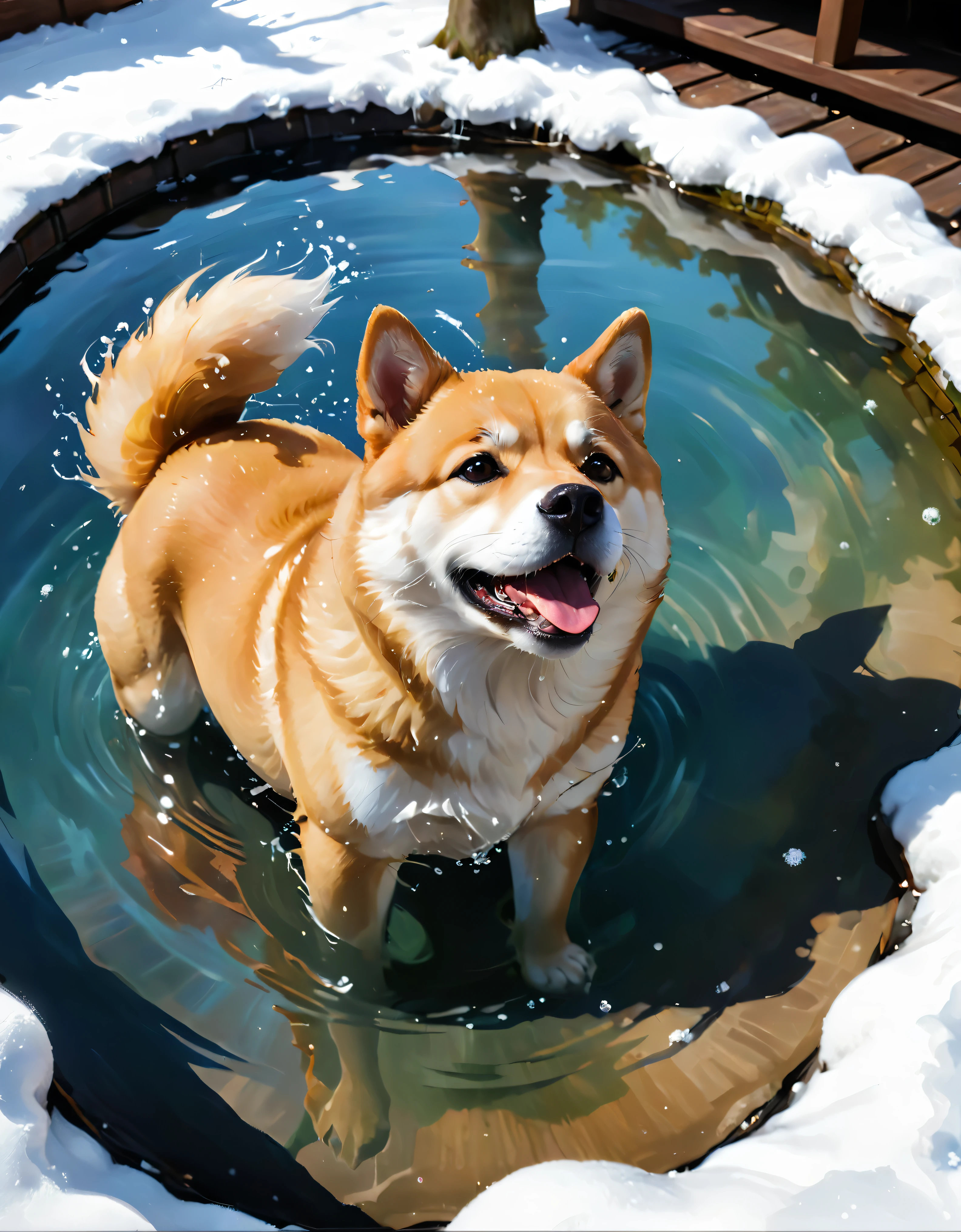 ((soft_color_painting:)1.5), ((soft_color_tones):1.4), ((crystal clear water reflection background):1.3), ((soft color cute shiba inu):1.4)),((macro view of a steaming japanese spa in snowy winter):1.2),((Movie-like still images and dynamic angles):1.3), ((cool and beautiful shadow silhouette):1.1), Gouache with intricate details, Add a touch of realism to this visually detailed and stylistically diverse masterpiece, Detailed brushstrokes have been enhanced, Careful brushwork creates an atmosphere, Utilize delicate yet powerful brushstroke techniques, Create an enchanting atmosphere. highly detailed gouache, ((Unparalleled sharpness and clarity):1.1), ((Radiosity rendered in stunning 32K resolution):1.3), All captured with sharp focus. Rendered in ultra-high definition with UHD and retina quality, this masterpiece ensures anatomical correctness and textured skin with super detail. With a focus on high quality and accuracy, this award-winning portrayal captures every nuance in stunning 16k resolution, immersing viewers in its lifelike depiction. | ((perfect_composition, perfect_design, perfect_layout, perfect_detail, ultra_detailed)), ((enhance_all, fix_everything)), More Detail, Enhance.