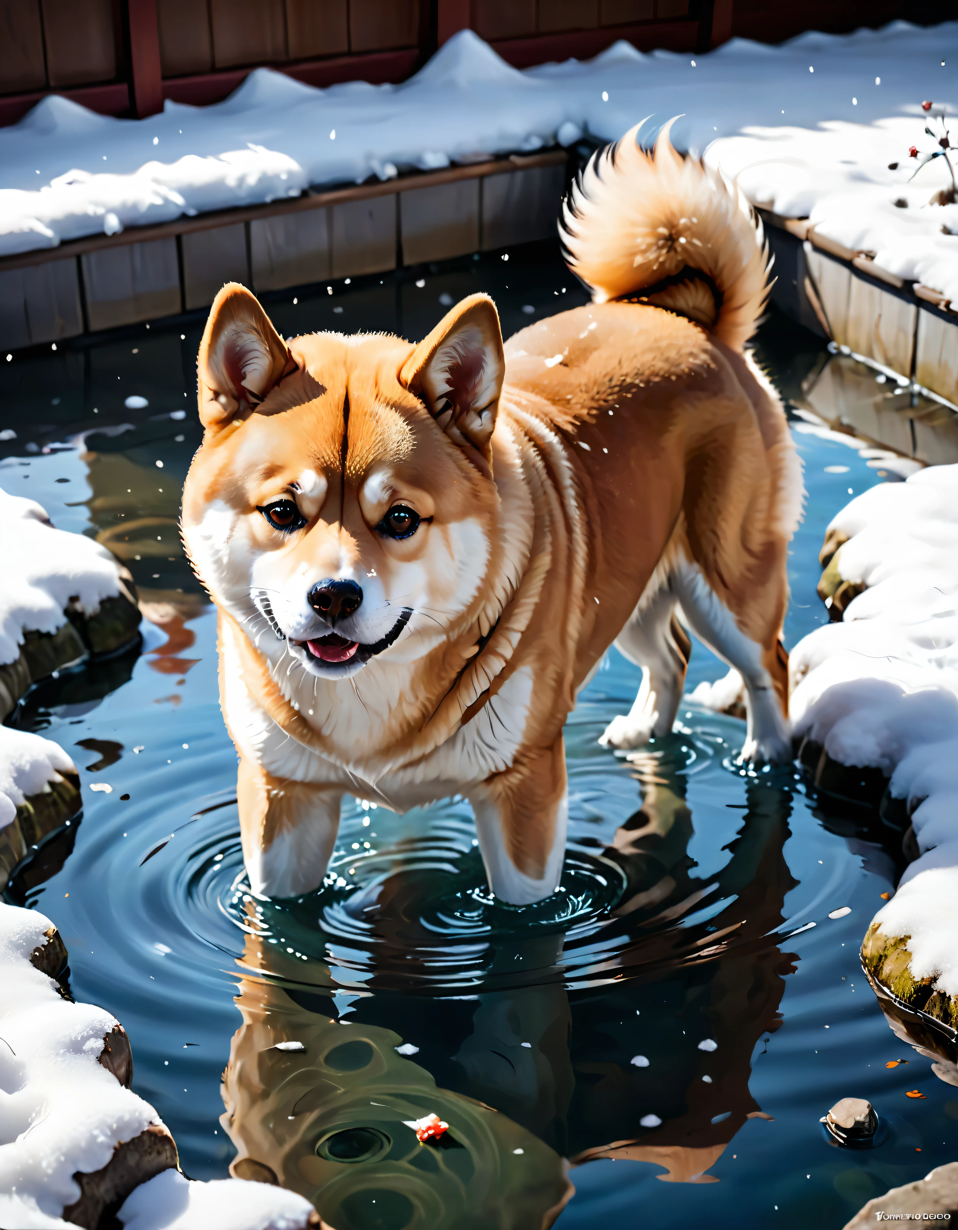((soft_color_painting:)1.5), ((soft_color_tones):1.4), ((crystal clear water reflection background):1.3), ((soft color cute shiba inu):1.4)),((macro view of a steaming japanese spa in snowy winter):1.2),((Movie-like still images and dynamic angles):1.3), ((cool and beautiful shadow silhouette):1.1), Gouache with intricate details, Add a touch of realism to this visually detailed and stylistically diverse masterpiece, Detailed brushstrokes have been enhanced, Careful brushwork creates an atmosphere, Utilize delicate yet powerful brushstroke techniques, Create an enchanting atmosphere. highly detailed gouache, ((Unparalleled sharpness and clarity):1.1), ((Radiosity rendered in stunning 32K resolution):1.3), All captured with sharp focus. Rendered in ultra-high definition with UHD and retina quality, this masterpiece ensures anatomical correctness and textured skin with super detail. With a focus on high quality and accuracy, this award-winning portrayal captures every nuance in stunning 16k resolution, immersing viewers in its lifelike depiction. | ((perfect_composition, perfect_design, perfect_layout, perfect_detail, ultra_detailed)), ((enhance_all, fix_everything)), More Detail, Enhance.