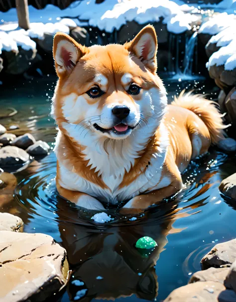 ((soft_color_painting:)1.5), ((soft_color_tones):1.4), ((crystal clear water reflection background):1.3), ((soft color cute shib...