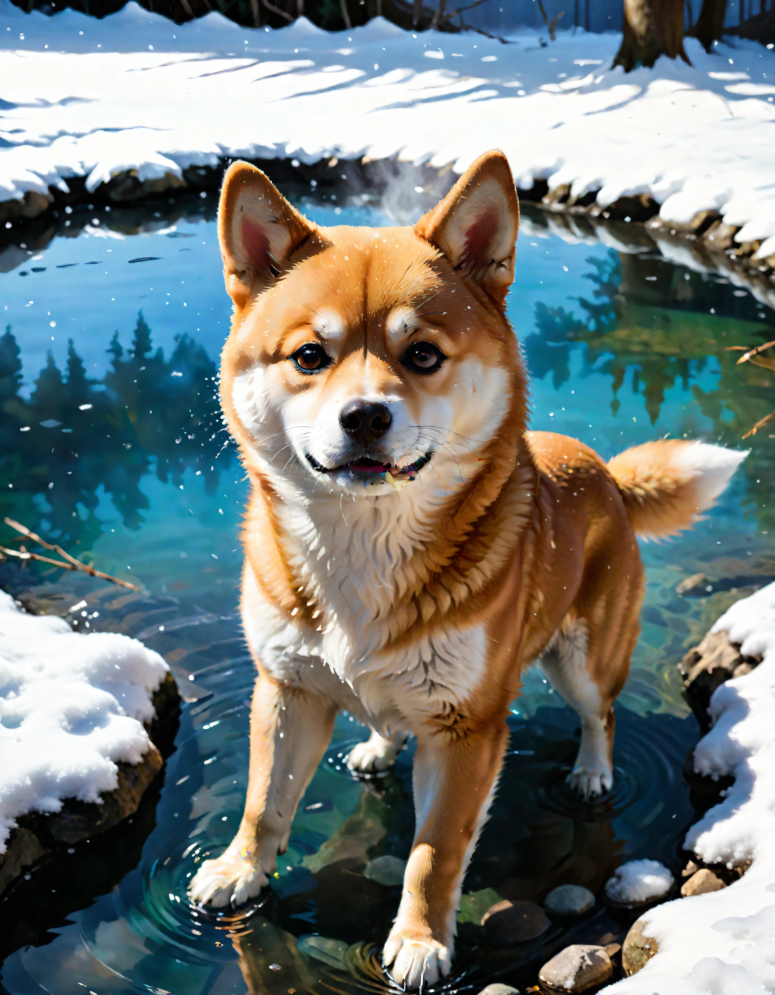 ((soft_color_painting:)1.5), ((soft_color_tones):1.4), ((crystal clear water reflection background):1.3), ((soft color cute shiba inu):1.4)),((macro view of a steaming japanese spa in snowy winter):1.2),((Movie-like still images and dynamic angles):1.3), ((cool and beautiful shadow silhouette):1.1), Gouache with intricate details, Add a touch of realism to this visually detailed and stylistically diverse masterpiece, Detailed brushstrokes have been enhanced, Careful brushwork creates an atmosphere, Utilize delicate yet powerful brushstroke techniques, Create an enchanting atmosphere. highly detailed gouache, ((Unparalleled sharpness and clarity):1.1), ((Radiosity rendered in stunning 32K resolution):1.3), All captured with sharp focus. Rendered in ultra-high definition with UHD and retina quality, this masterpiece ensures anatomical correctness and textured skin with super detail. With a focus on high quality and accuracy, this award-winning portrayal captures every nuance in stunning 16k resolution, immersing viewers in its lifelike depiction. | ((perfect_composition, perfect_design, perfect_layout, perfect_detail, ultra_detailed)), ((enhance_all, fix_everything)), More Detail, Enhance.