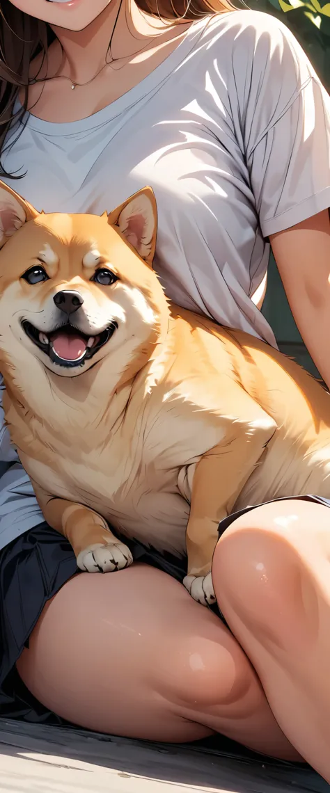 ((Masterpiece, top quality, high resolution)), ((highly detailed CG unified 8K wallpaper)),  close up photo of a shiba, Relaxing on a woman's leg, Cute and sitting,