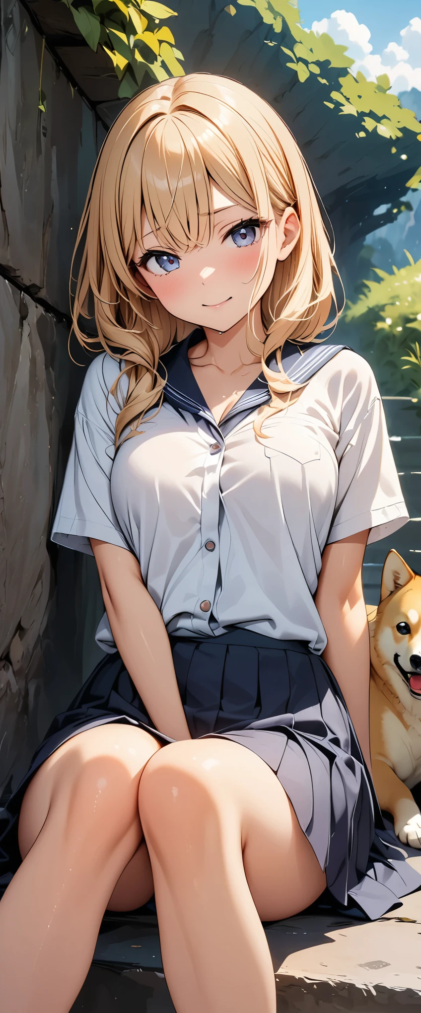 ((Masterpiece, top quality, high resolution)), ((highly detailed CG unified 8K wallpaper)),  close up photo of a shiba, Relaxing on a woman's leg, Cute and sitting,