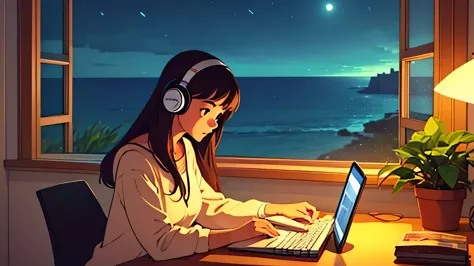 at night a cute girl sitting at her desk studying with papers besides and listening to music with headphones and typing on her c...