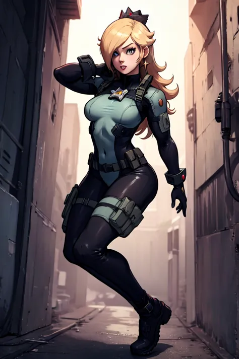 rosalina reimagined as a female solide snake frome metal gear solid, full body, action pose, on infiltration scene