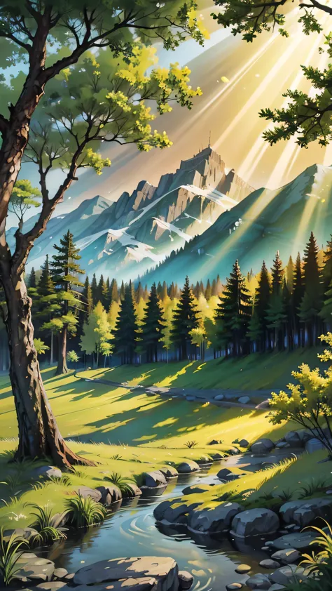pine forest, mountains, sunlight, god rays, no people, no buildings, leaves, airy, light