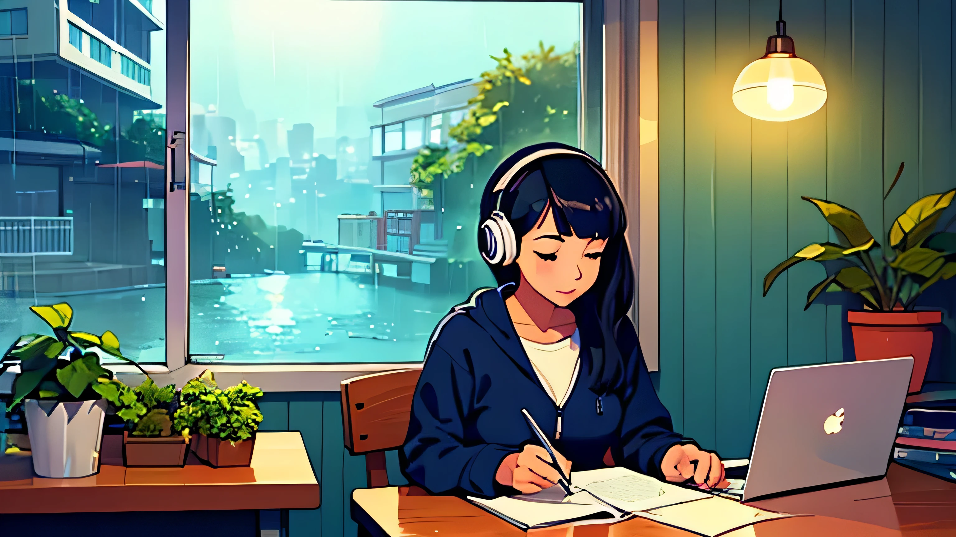 at rainy Night a cute girl sitting at coin laundry studying with papers besides and listening to music with headphones and typing on her computer on her desk and plants at background Lo-fi A beautiful view in the large window　Ocean　Beach