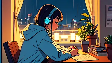 at rainy Night a cute girl sitting at coin laundry studying with papers besides and listening to music with headphones and typin...