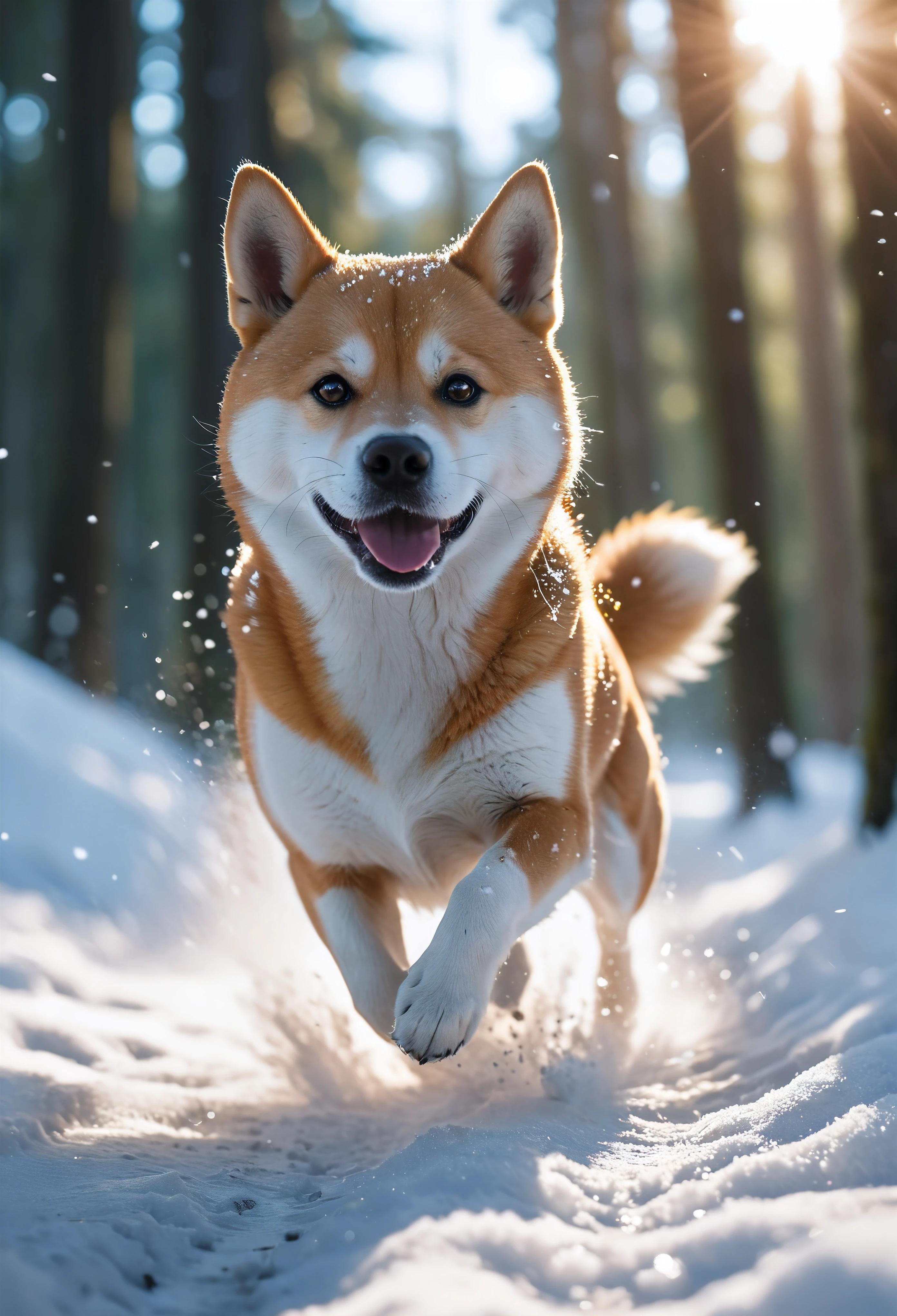 ((Masterpiece in maximum 16K resolution):1.6),((soft_color_photograpy:)1.5), ((Ultra-Detailed):1.4),((Movie-like still images and dynamic angles):1.3). | (Macro shot cinematic photo of a Shiba Inu running through a snowy forest), ((Cute japanese dog):1.2), ((a dog running):1.1), (A clear sky), (macro lens), (Happy atmosphere), (shimmer), (visual experience),(Realism), (Realistic),award-winning graphics, film grain, extremely detailed, Digital Art, rtx, Unreal Engine, scene concept anti glare effect, All captured with sharp focus. | Rendered in ultra-high definition with UHD and retina quality, this masterpiece ensures anatomical correctness and textured skin with super detail. With a focus on high quality and accuracy, this award-winning portrayal captures every nuance in stunning 16k resolution, immersing viewers in its lifelike depiction. | ((perfect_composition, perfect_design, perfect_layout, perfect_detail, ultra_detailed)), ((enhance_all, fix_everything)), More Detail, Enhance.