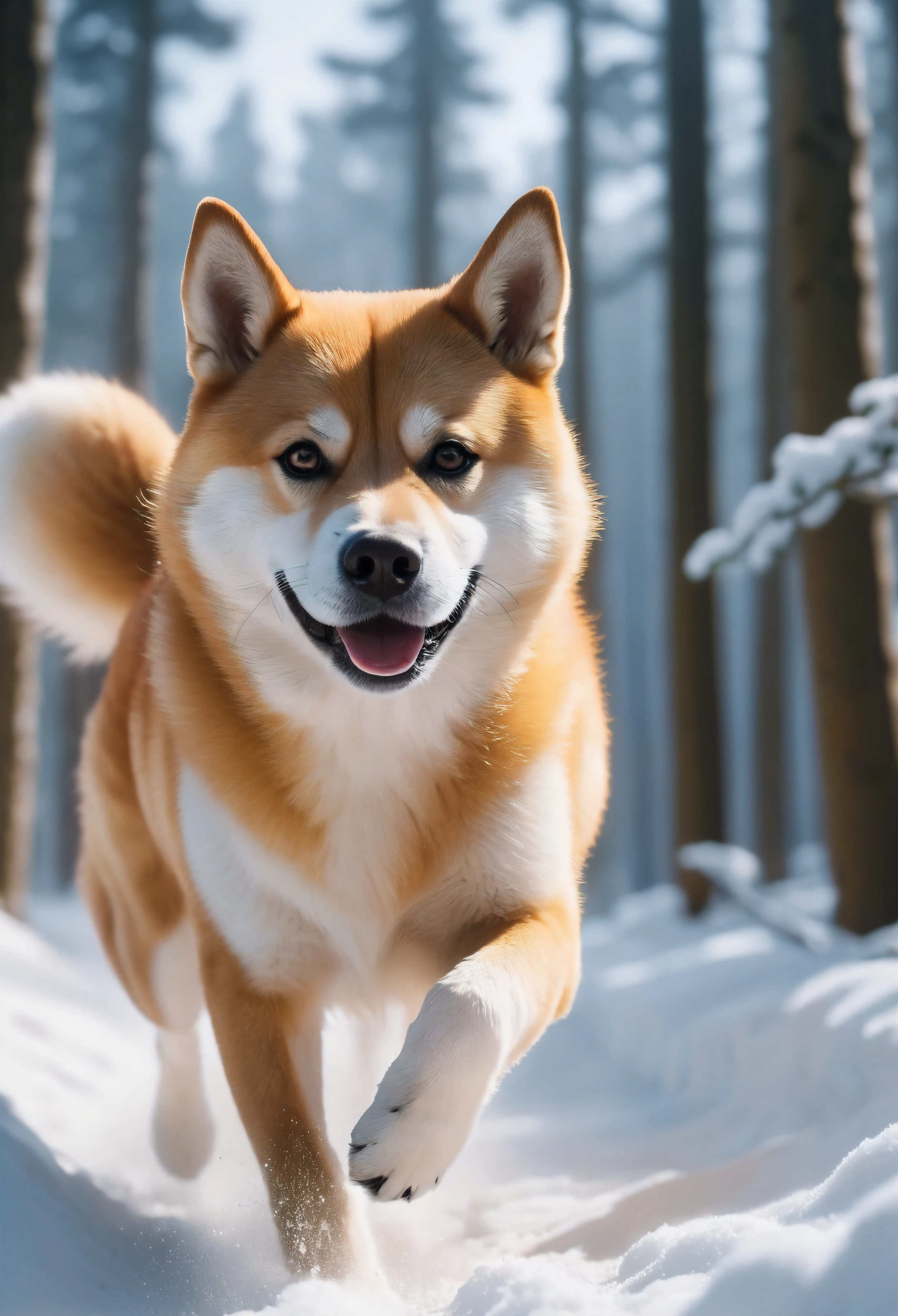 ((Masterpiece in maximum 16K resolution):1.6),((soft_color_photograpy:)1.5), ((Ultra-Detailed):1.4),((Movie-like still images and dynamic angles):1.3). | (Macro shot cinematic photo of a Shiba Inu running through a snowy forest), ((Cute japanese dog):1.2), ((a dog running):1.1), (A clear sky), (macro lens), (Happy atmosphere), (shimmer), (visual experience),(Realism), (Realistic),award-winning graphics, film grain, extremely detailed, Digital Art, rtx, Unreal Engine, scene concept anti glare effect, All captured with sharp focus. | Rendered in ultra-high definition with UHD and retina quality, this masterpiece ensures anatomical correctness and textured skin with super detail. With a focus on high quality and accuracy, this award-winning portrayal captures every nuance in stunning 16k resolution, immersing viewers in its lifelike depiction. | ((perfect_composition, perfect_design, perfect_layout, perfect_detail, ultra_detailed)), ((enhance_all, fix_everything)), More Detail, Enhance.