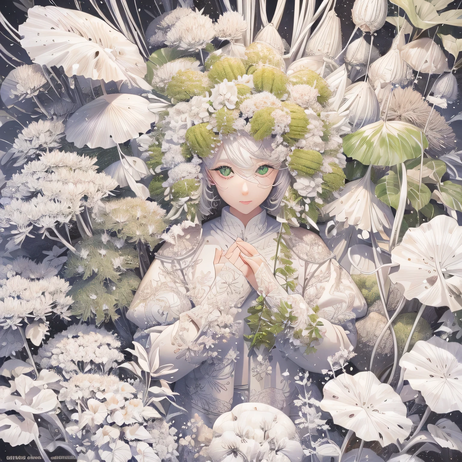 All pure white、White world、A pure white plant that lacks chlorophyll、A beautiful woman lost in a land of white plants、Surrounded by a forest of fantastic white plants、Beautiful woman is an adventurer、Only the eyes are green