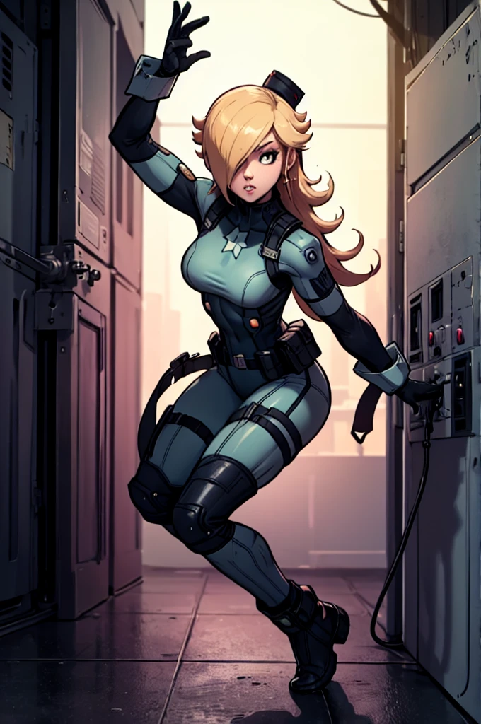 rosalina reimagined as a female solide snake frome metal gear solid, full body, action pose, on infiltration scene