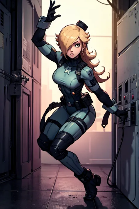 rosalina reimagined as a female solide snake frome metal gear solid, full body, action pose, on infiltration scene