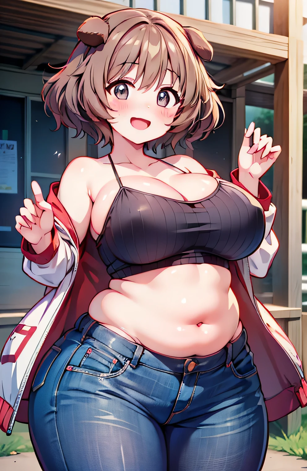 Anime girl with big breasts in jeans and jacket posing for the camera -  SeaArt AI