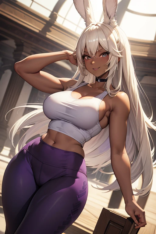 (masterpiece), best quality, highly detailed faces, (SHARP details), 4k, highly detailed, expressive eyes, SHARP detail expressive eyes, (SHARP detail perfect face), ((dark skin)), (bunny ears), (viera), ((platinum blonde hair)), (choker) amber eyes, long and wild hair, (mature woman), (big breasts), smiling, standing, (wearing white tank top), 20 years old, ((wearing purple yoga pants)), ((solo)), wide hips, (((view from front))), thick thighs, tall woman,