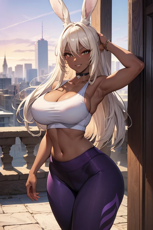 (masterpiece), best quality, highly detailed faces, (SHARP details), 4k, highly detailed, expressive eyes, SHARP detail expressive eyes, (SHARP detail perfect face), ((dark skin)), (bunny ears), (viera), ((platinum blonde hair)), (choker) amber eyes, long and wild hair, (mature woman), (big breasts), smiling, standing, (wearing white tank top), 20 years old, ((wearing purple yoga pants)), ((solo)), wide hips, (((view from front))), thick thighs, tall woman,