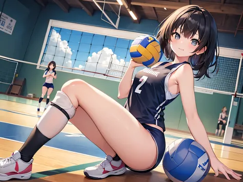 (masterpiece、highest quality、high resolution、realistic photo、real looking skin:1.1)、
(a woman is taking a break at a volleyball ...