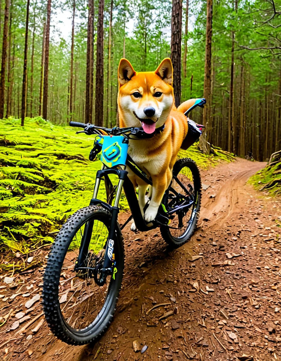 A Shiba Inu dog riding an enduro mountain bike.