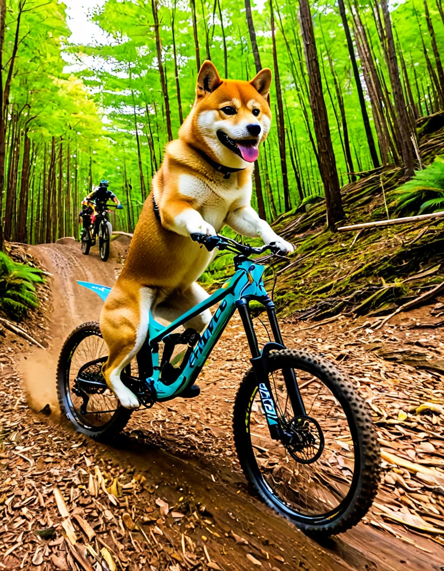 A Shiba Inu dog riding an enduro mountain bike.